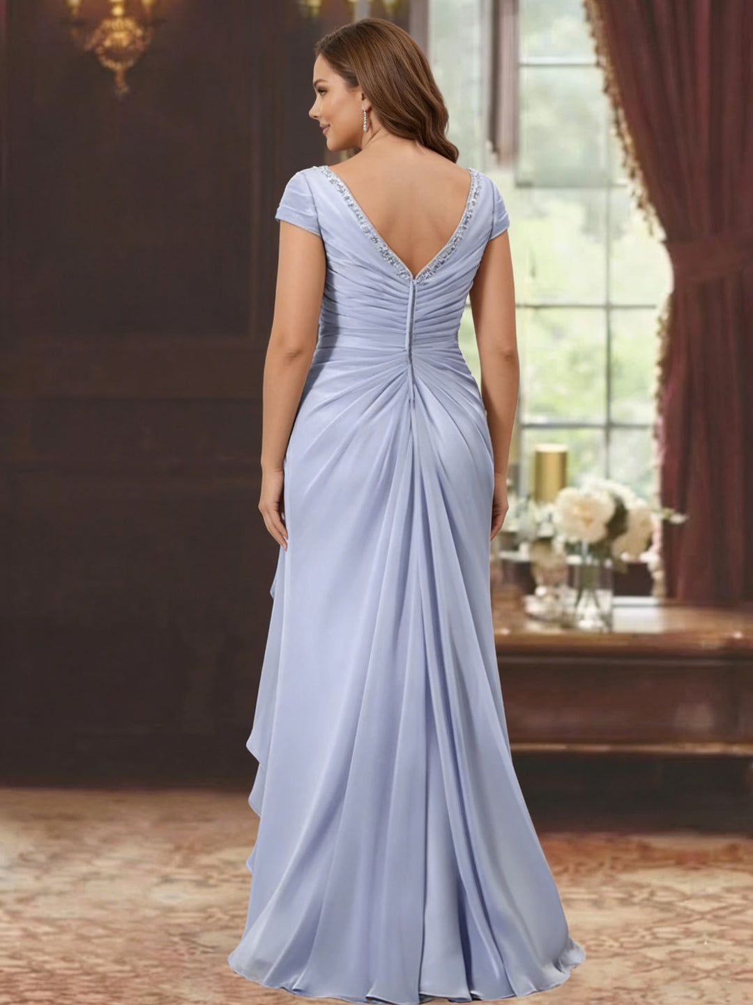 Sheath/Column V-Neck Short Sleeves Floor-Length Plus Size Mother of the Bride Dresses With Ruffles & Appliques