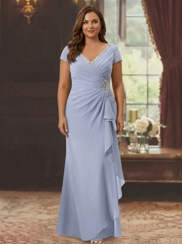 Sheath/Column V-Neck Short Sleeves Floor-Length Plus Size Mother of the Bride Dresses With Ruffles & Appliques