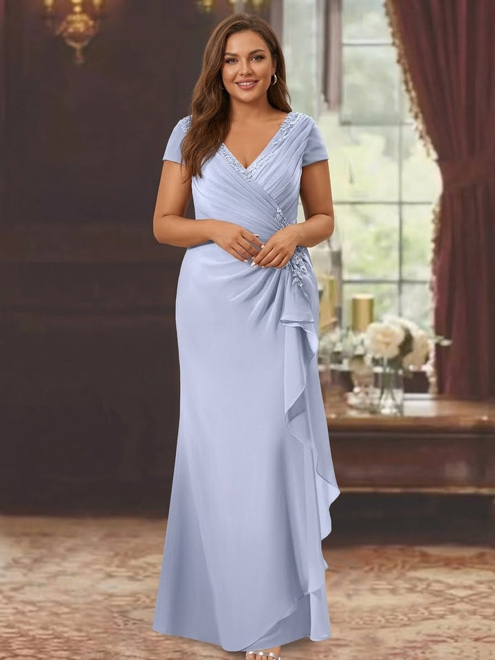Sheath/Column V-Neck Short Sleeves Floor-Length Plus Size Mother of the Bride Dresses With Ruffles & Appliques