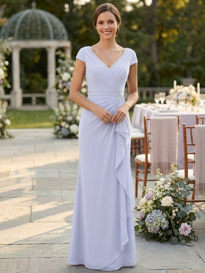 Sheath/Column V-Neck Short Sleeves Floor-Length Mother of the Bride Dresses With Ruffles & Appliques