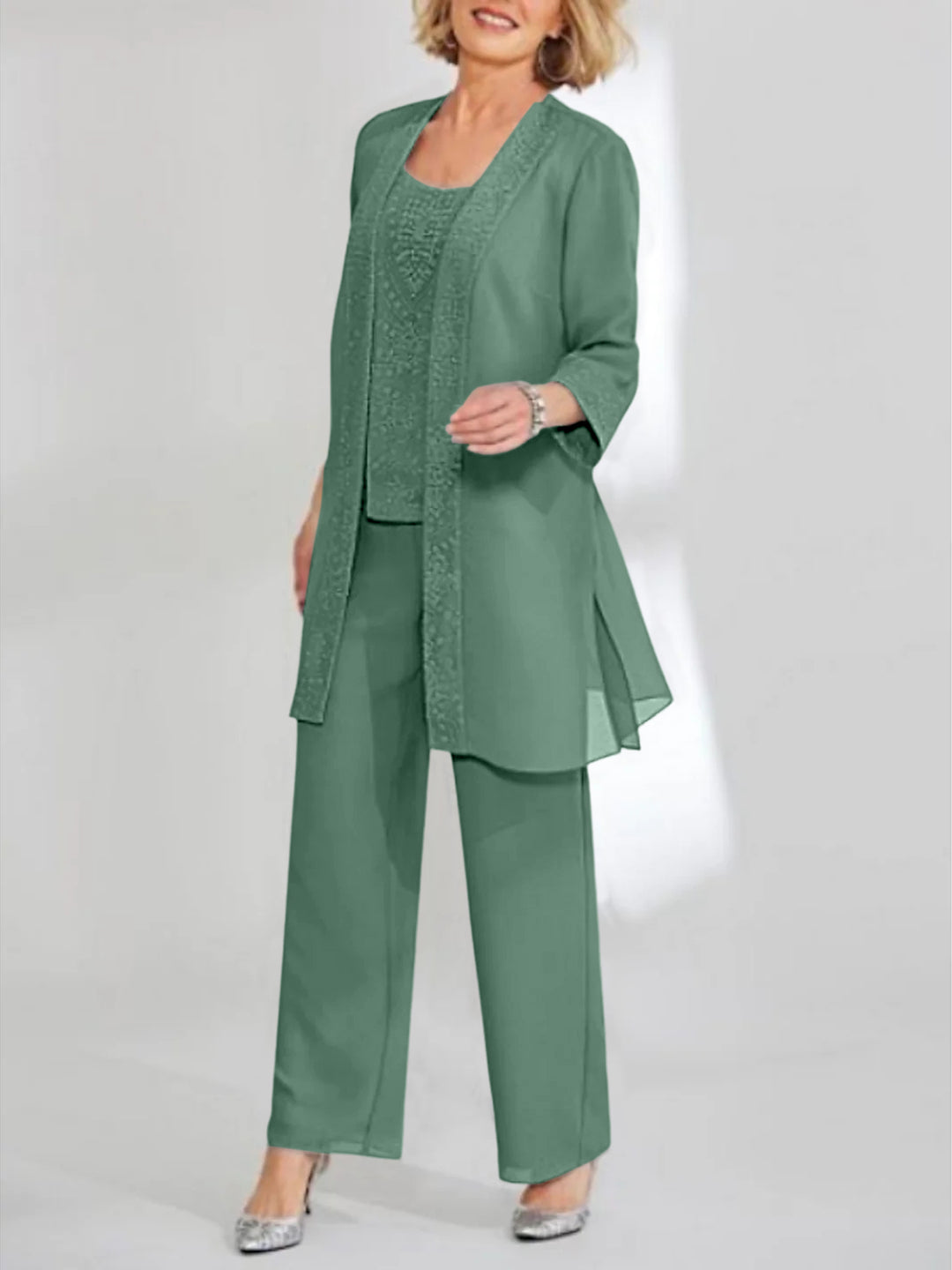 Chiffon Sequins Scoop Ankle-Length Mother of the Bride Pantsuits with Jacket
