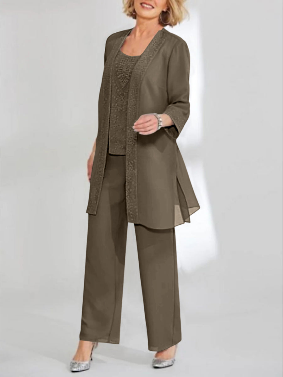 Chiffon Sequins Scoop Ankle-Length Mother of the Bride Pantsuits with Jacket