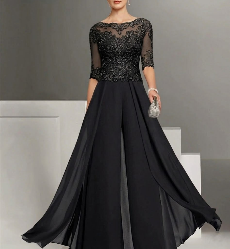 Chiffon Jewel Neck Half Sleeves Ankle-Length Mother of the Bride Pantsuits with Lace