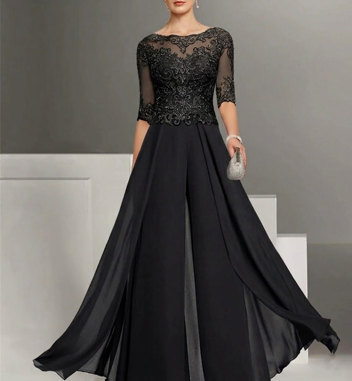 Chiffon Jewel Neck Half Sleeves Ankle-Length Mother of the Bride Pantsuits with Lace