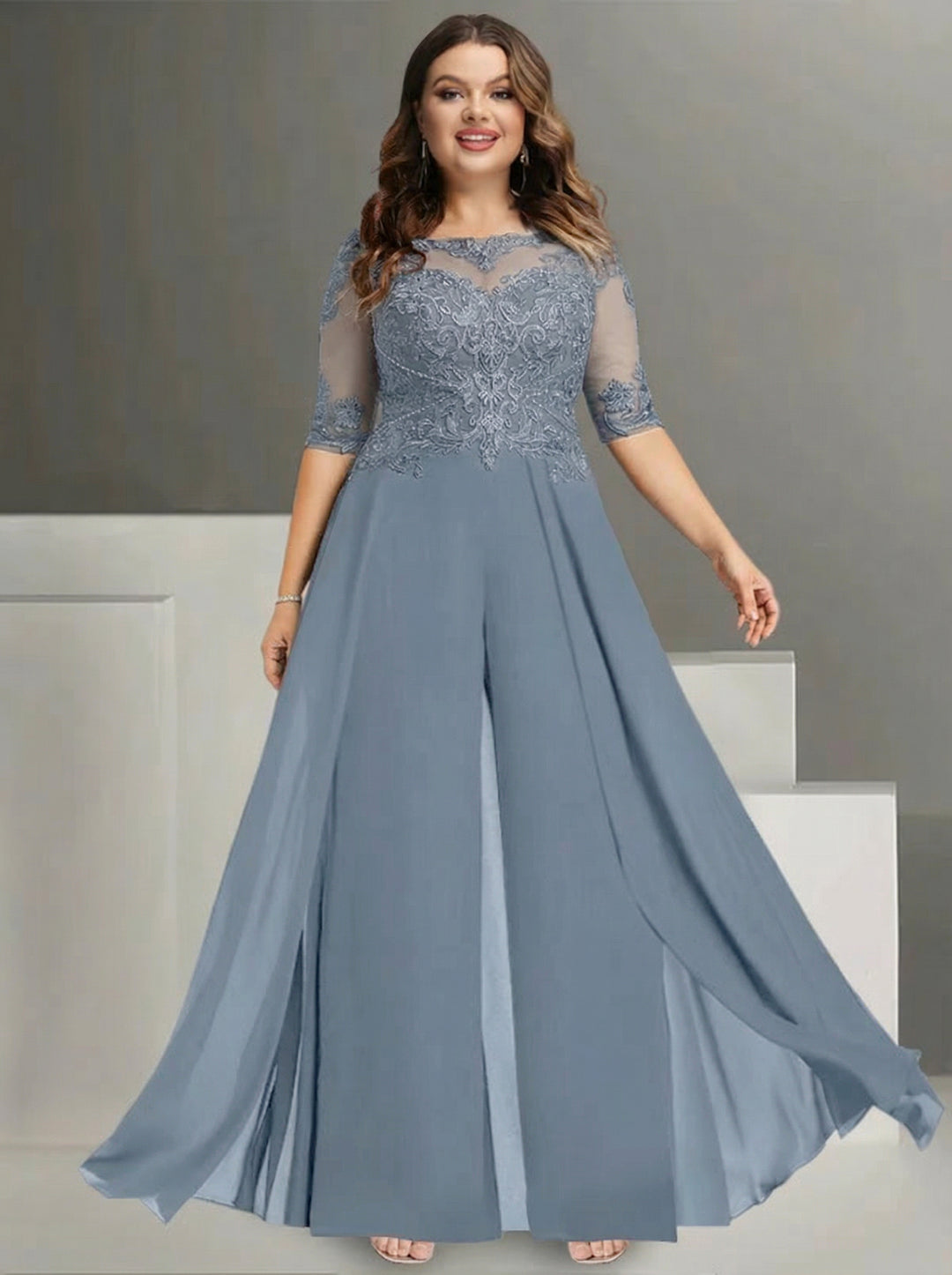 Chiffon Jewel Neck Half Sleeves Ankle-Length Plus Size Mother of the Bride Pantsuits with Lace