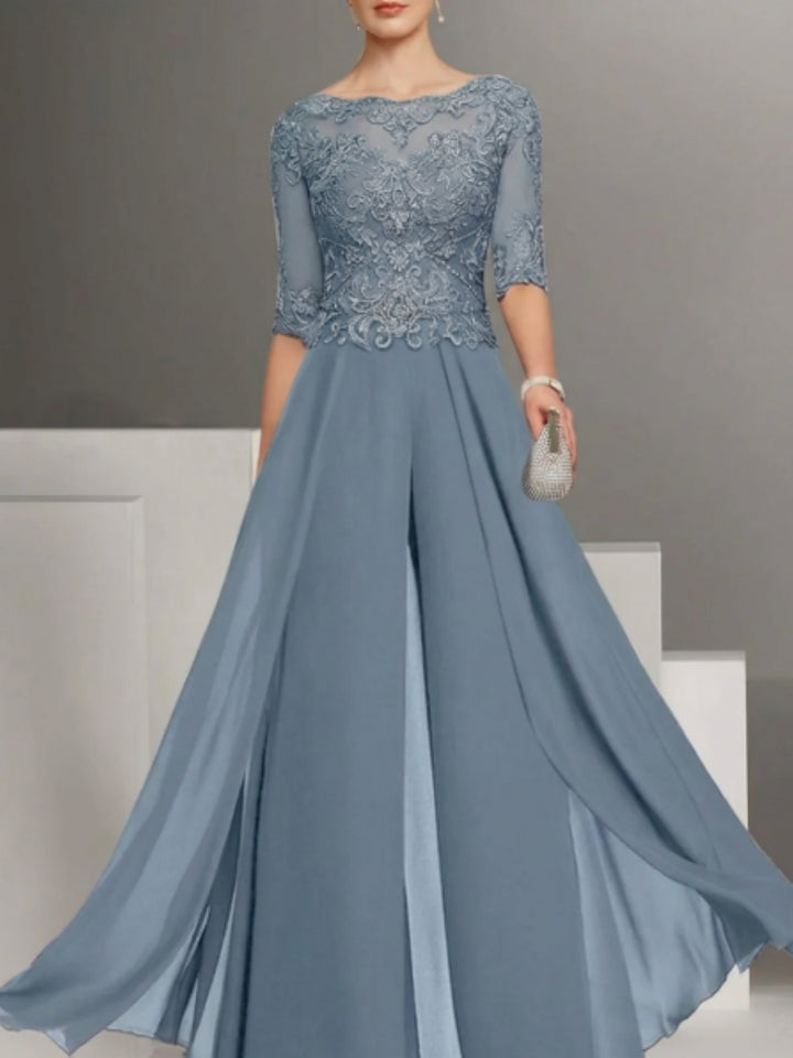 Chiffon Jewel Neck Half Sleeves Ankle-Length Mother of the Bride Pantsuits with Lace