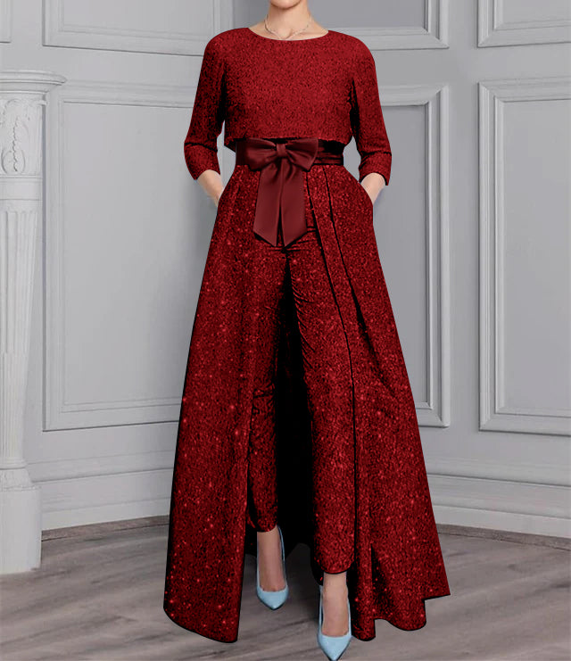 3 Pieces Suit Scoop Chiffon Mother of the Bride Pantsuits with Jacket Half Sleeves Lace Floral Ankle-Length main image 1