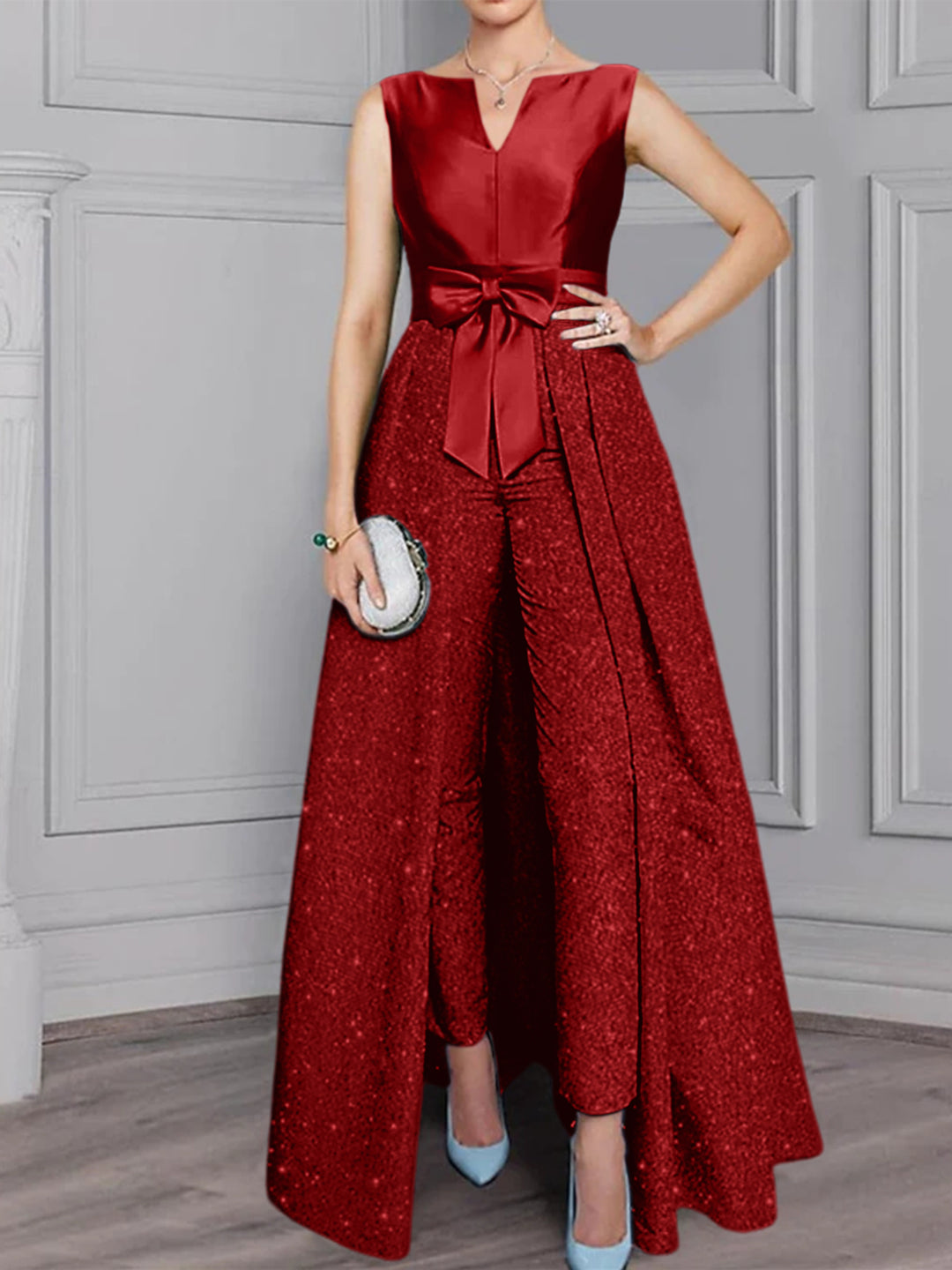 2 Pieces Scoop Long Sleeves Mother of the Bride Pantsuits with Sash & Sequins Dark Red 2 Pieces Scoop Long Sleeves Mother of the Bride Pantsuits with Sash & Sequins Dark Red