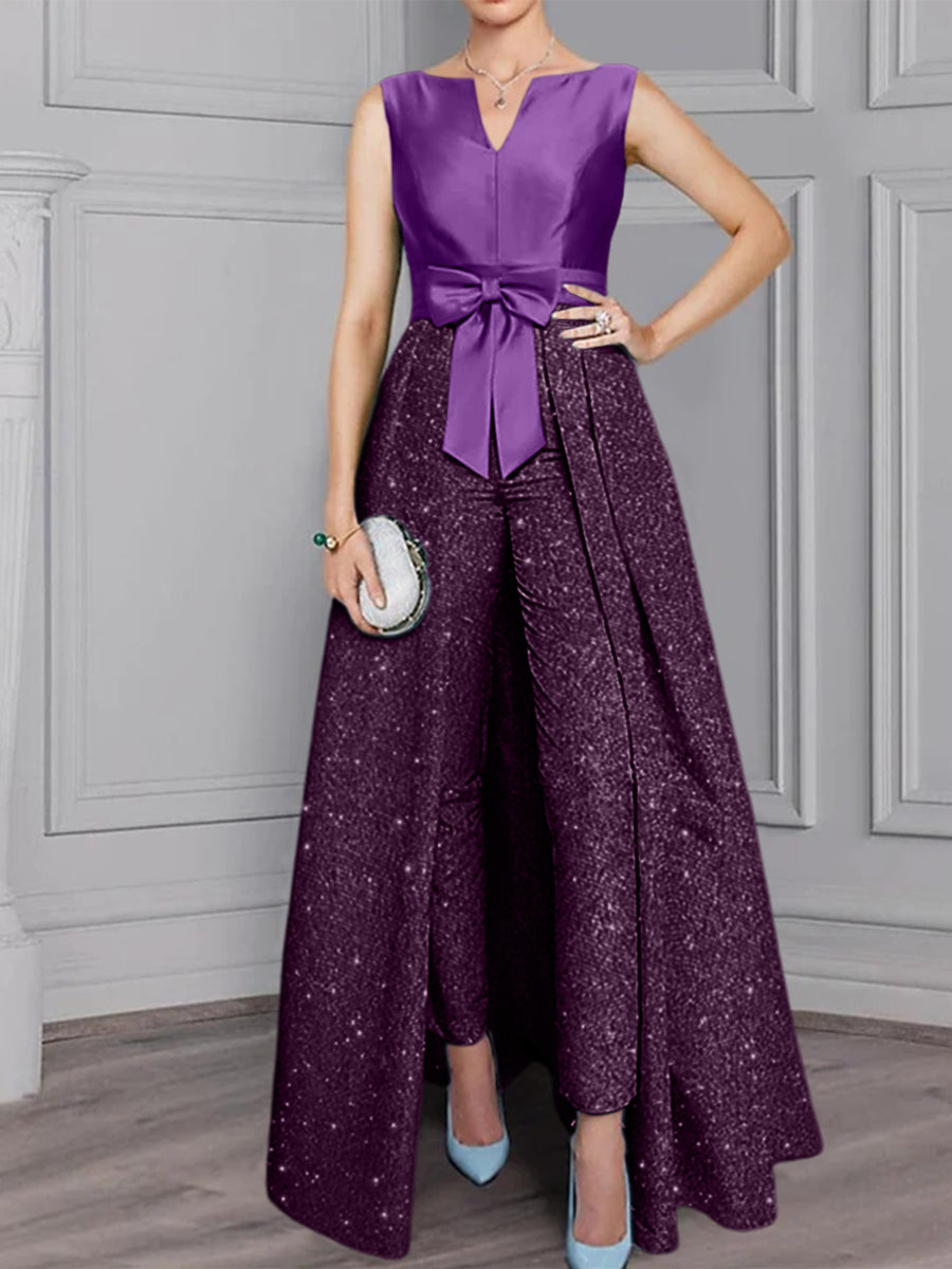 2 Pieces Scoop Long Sleeves Mother of the Bride Pantsuits with Sash ＆ Sequins