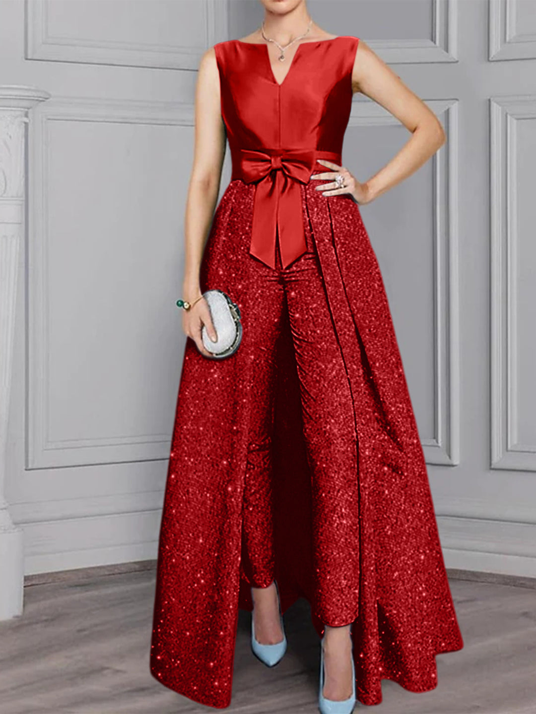 2 Pieces Chiffon Scoop Long Sleeves Mother of the Bride Pantsuits with Sash ＆ Sequins