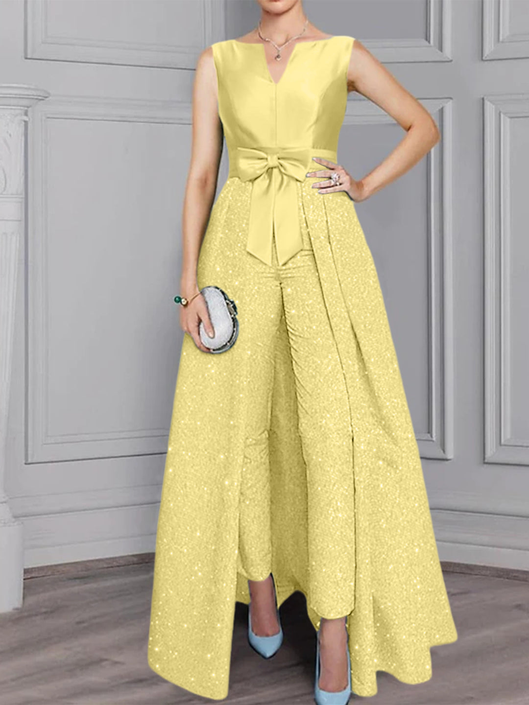 2 Pieces Chiffon Scoop Long Sleeves Mother of the Bride Pantsuits with Sash ＆ Sequins