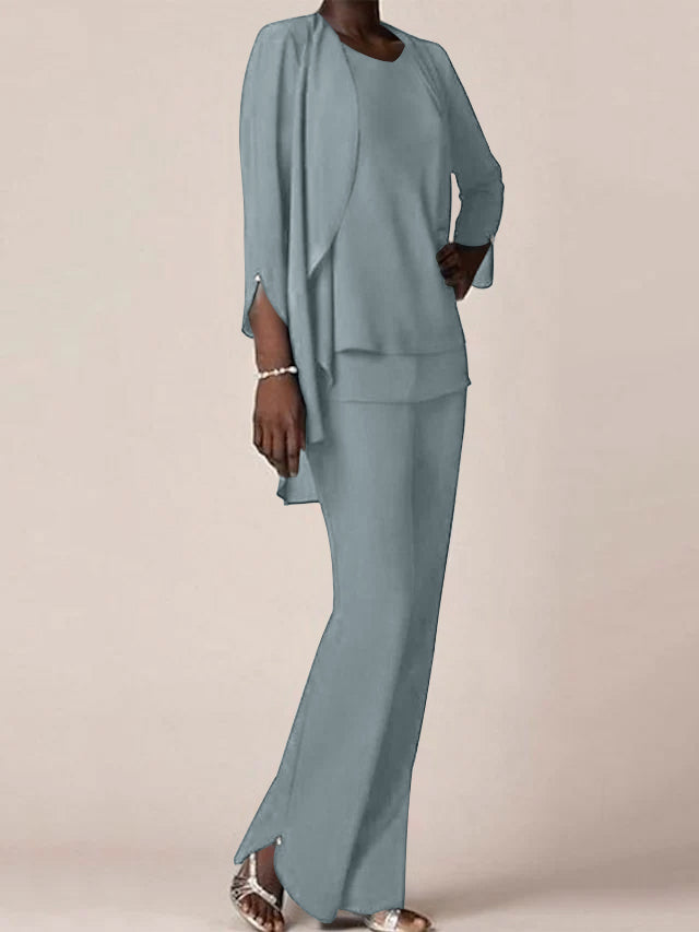 Chiffon V-Neck Long Sleeves Floor-Length Mother of the Bride Pantsuits with Ruffles
