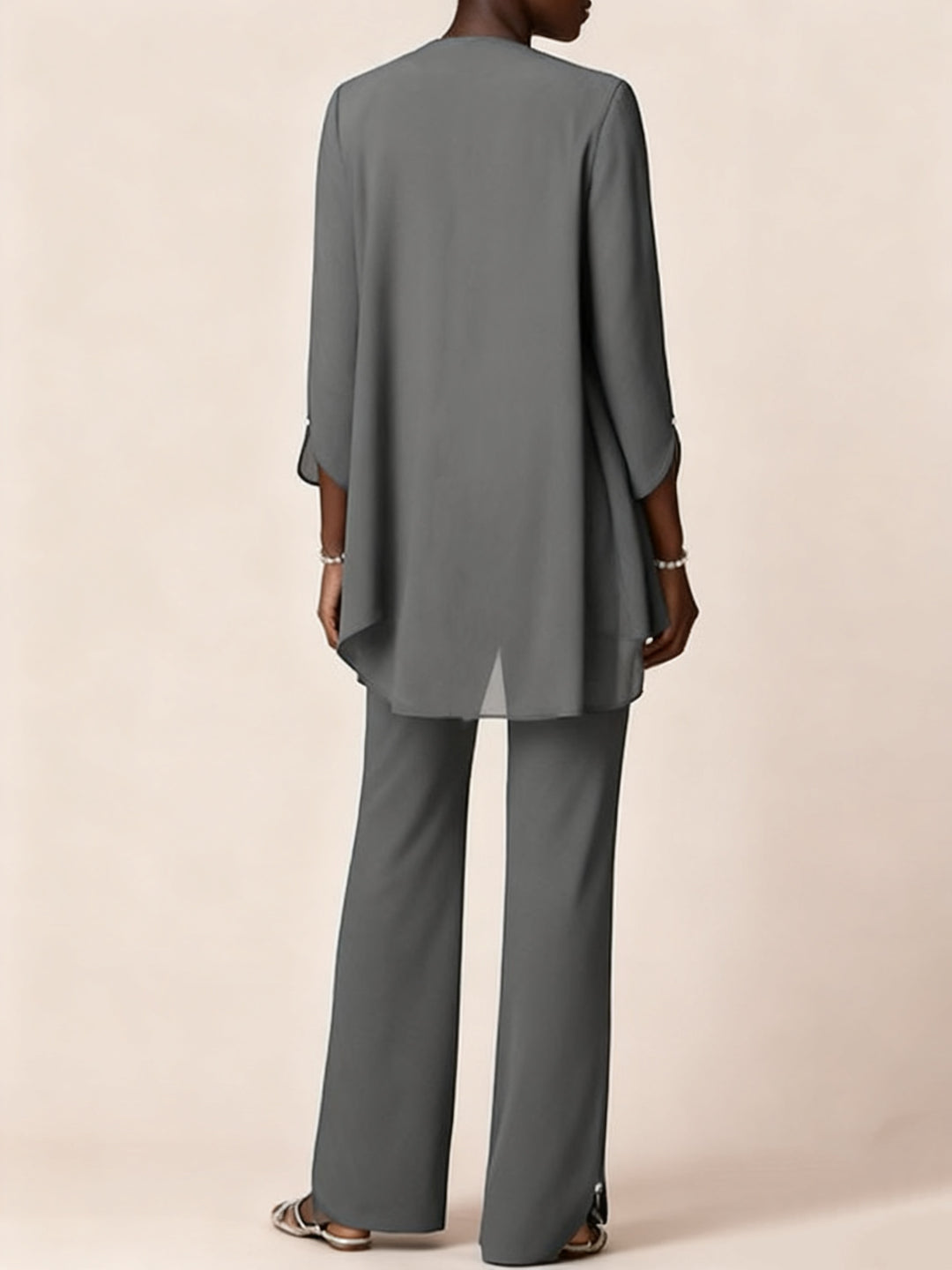 Chiffon V-Neck Long Sleeves Floor-Length Mother of the Bride Pantsuits with Ruffles