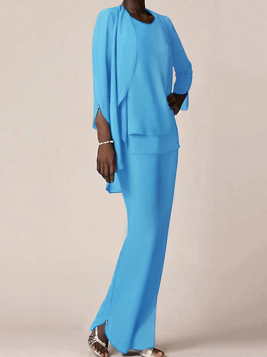 Chiffon Scoop Long Sleeves Floor-Length Mother of the Bride Pantsuits with Ruffles