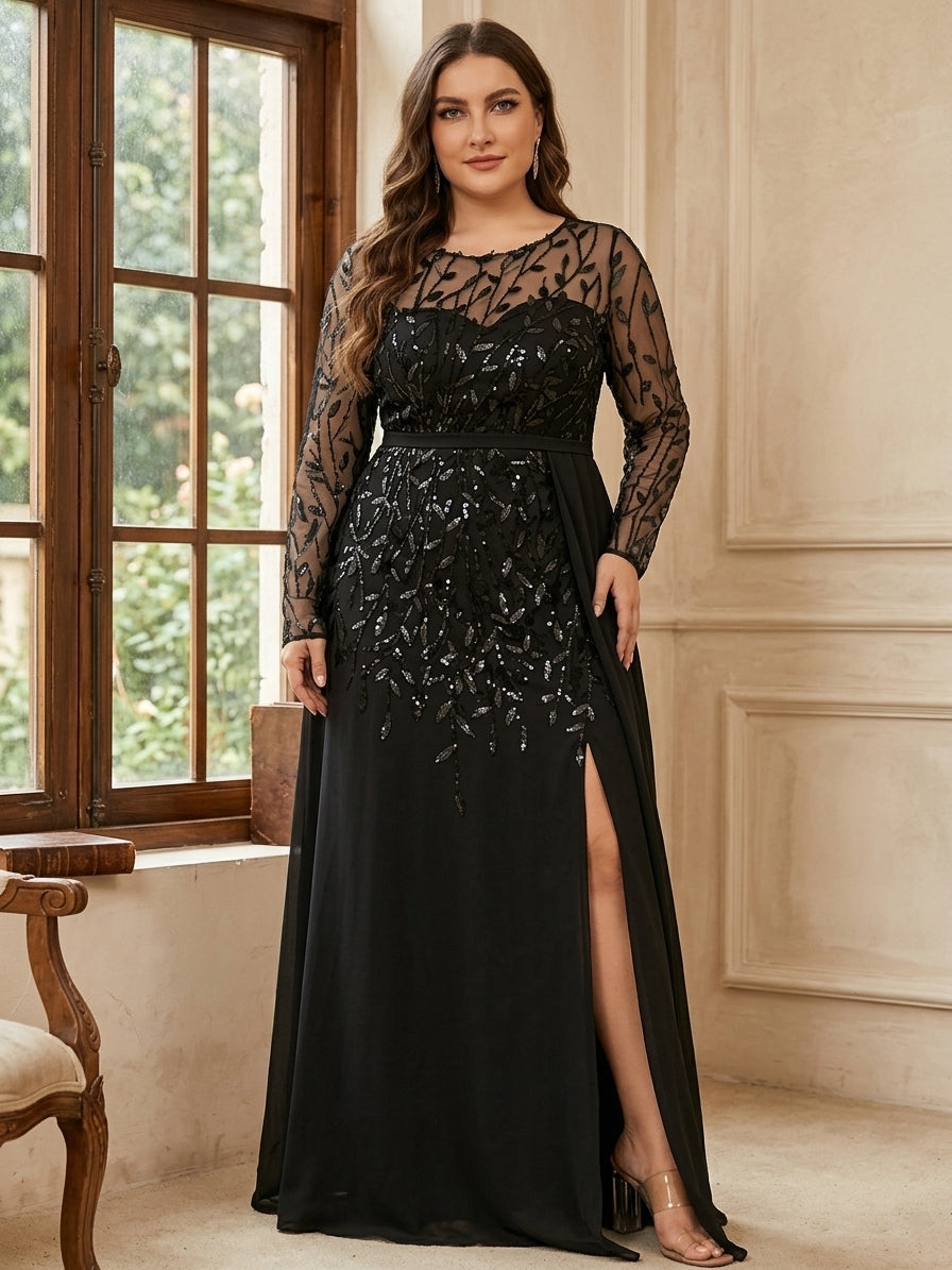 Plus Size Mother of the Bride Dresses Black A-Line/Princess Scoop Long Sleeves Floor-Length Wedding Party Formal Evening Gowns with Split Side, Black