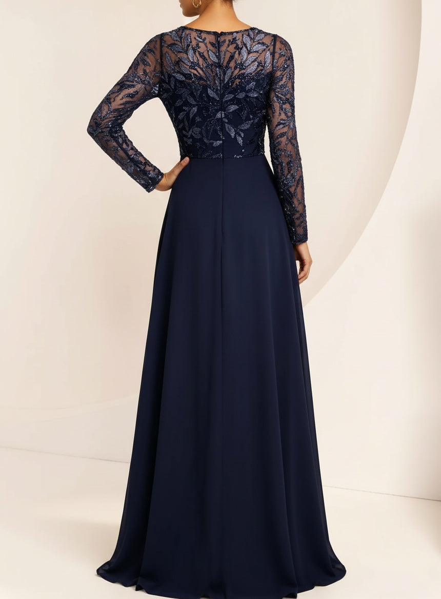 A-Line/Princess Scoop Long Sleeves Floor-Length Mother of the Bride Dresses with Split Side, Ruffles & Sequins