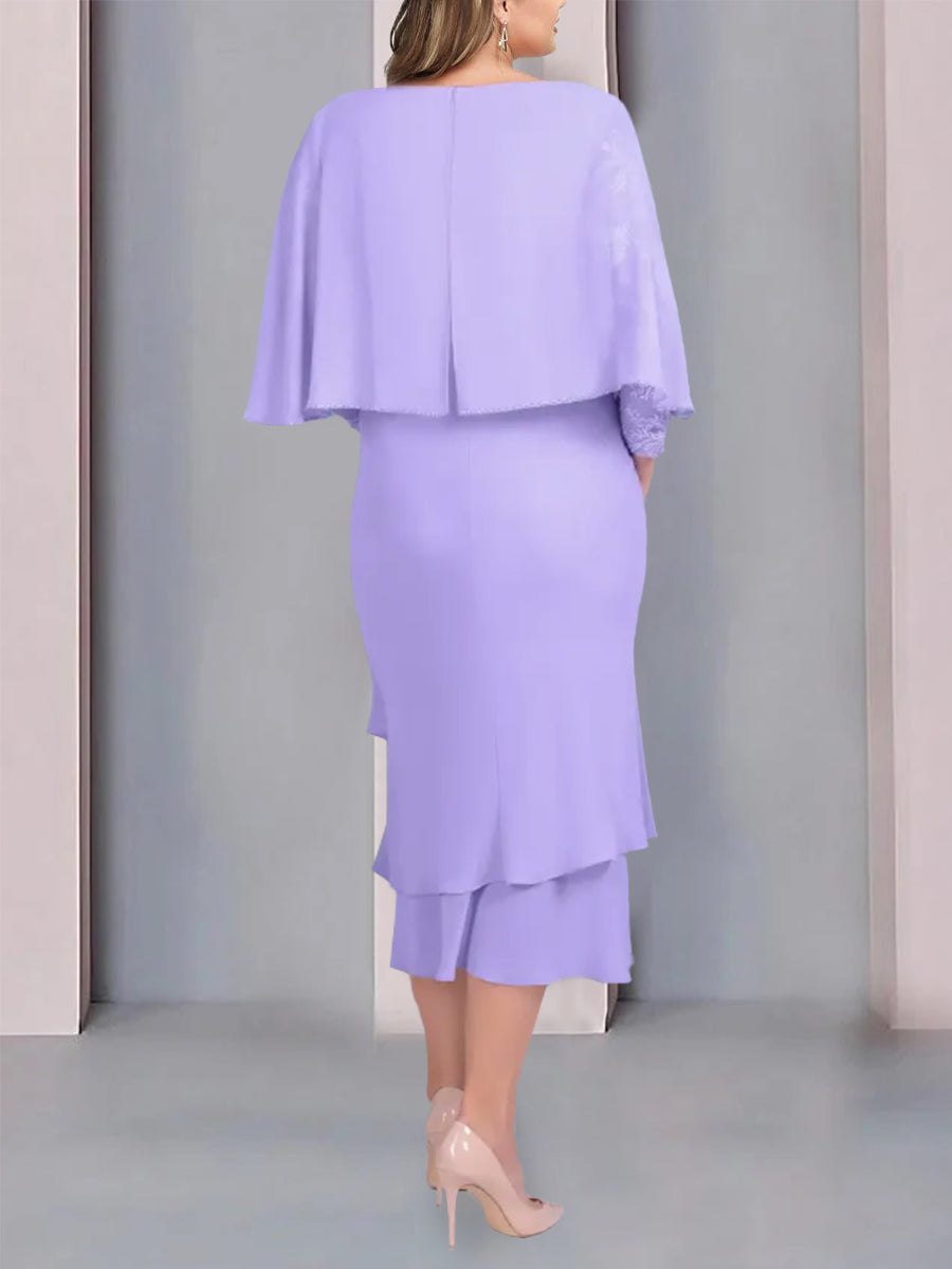 Sheath/Column Scoop Pleated Long Sleeves Tea Length Mother of the Bride & Groom Dresses