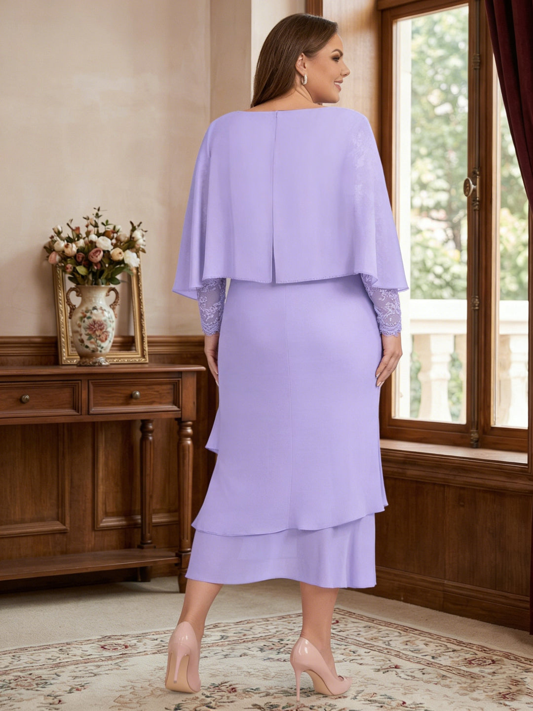 Sheath/Column Scoop Short Sleeves Tea-Length Plus Size Mother of the Bride Dresses with Appliques & Lace
