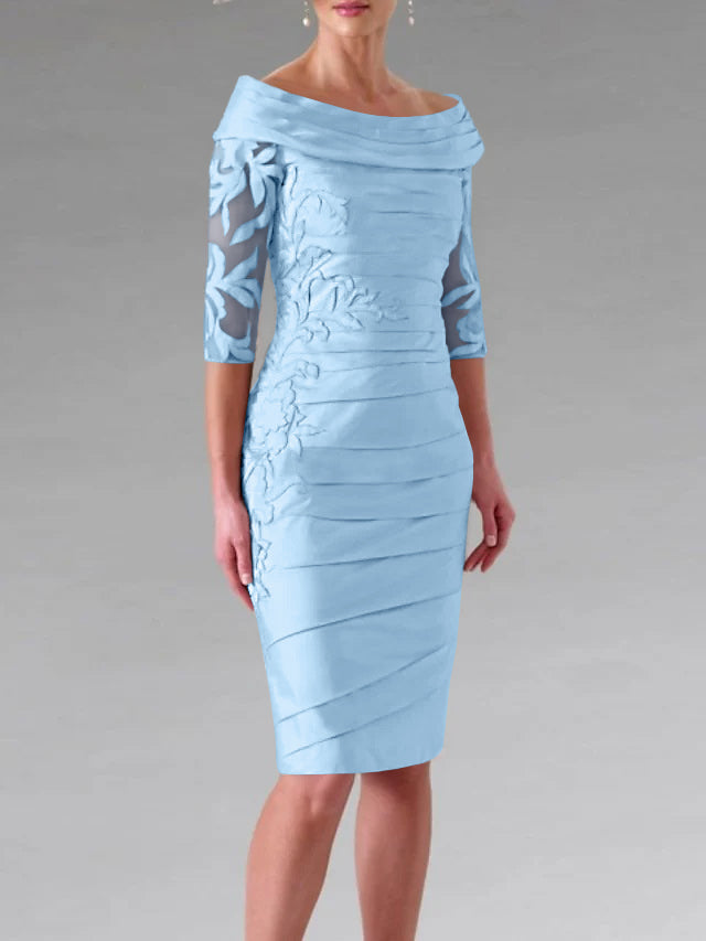 Sheath/Column Scoop Half Sleeves Knee-Length Mother of the Bride Dresses with Appliques Ruching Dusty Blue Sheath/Column Scoop Half Sleeves Knee-Length Mother of the Bride Dresses with Appliques Ruching Dusty Blue