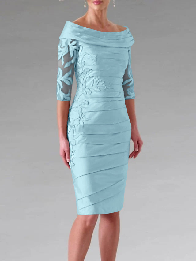 Sheath/Column Scoop Half Sleeves Knee-Length Mother of the Bride Dresses with Appliques Ruching Dusty Blue Sheath/Column Scoop Half Sleeves Knee-Length Mother of the Bride Dresses with Appliques Ruching Dusty Blue
