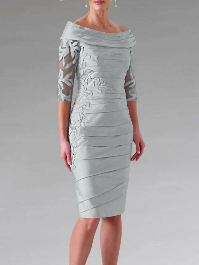 Sheath/Column Scoop Half Sleeves Knee-Length Mother of the Bride Dresses with Appliques Ruching