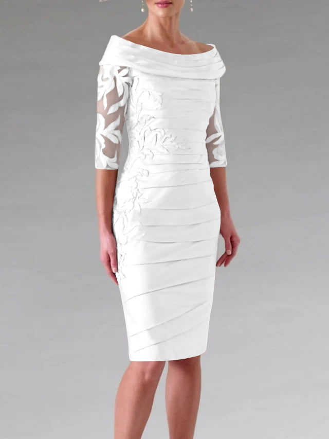 Sheath/Column Scoop Half Sleeves Knee-Length Mother of the Bride Dresses with Appliques Ruching White Sheath/Column Scoop Half Sleeves Knee-Length Mother of the Bride Dresses with Appliques Ruching White