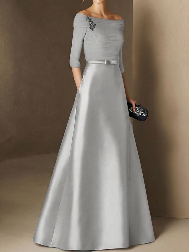 A-Line/Princess Off-the-Shoulder Short Sleeves Mother of the Bride Dresses with Belt Applique