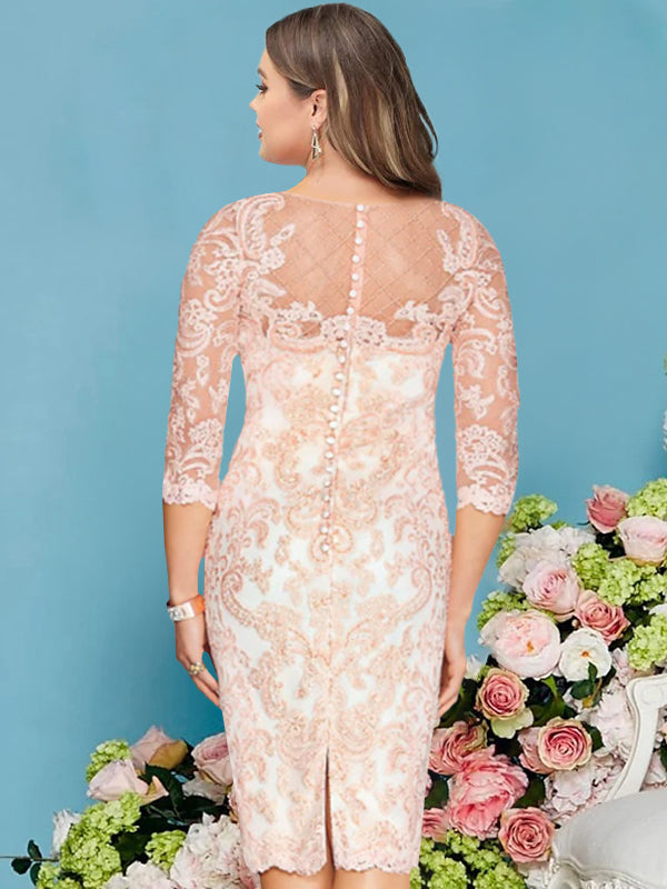 Sheath/Column Scoop Knee-Length Long Sleeves Plus Size Mother of the Bride Dresses with Lace Beading Appliques