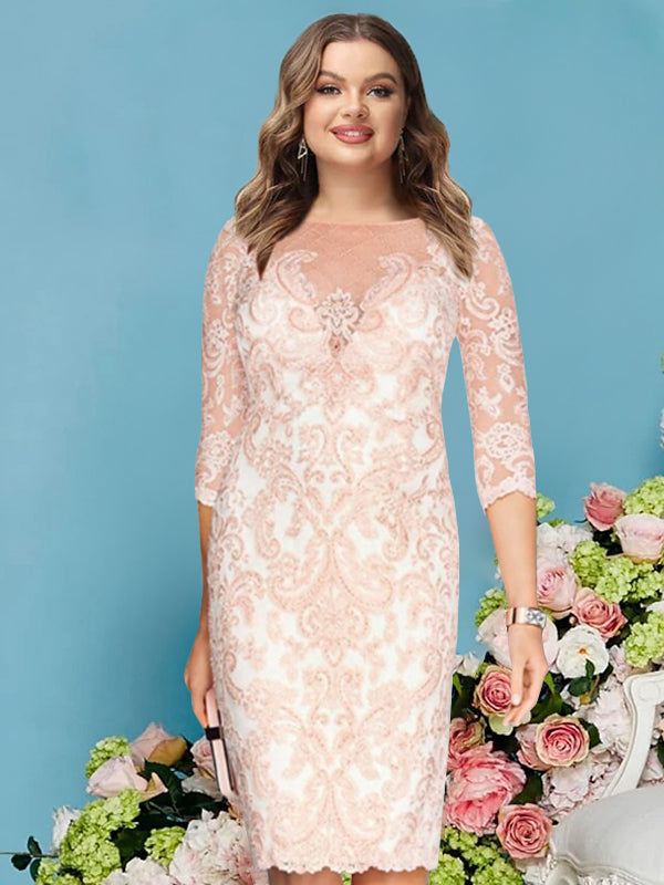 Sheath/Column Scoop Knee-Length Long Sleeves Mother of the Bride Dresses with Lace Beading Appliques