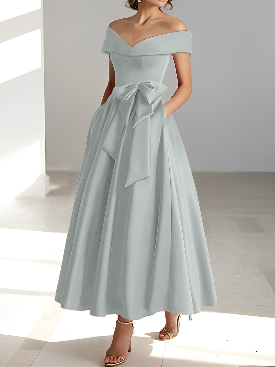 A-Line/Princess Off-the-Shoulder Sleeveless Ankle-Length Mother of the Bride Dresses with Pockets Dusty Blue A-Line/Princess Off-the-Shoulder Sleeveless Ankle-Length Mother of the Bride Dresses with Pockets Dusty Blue