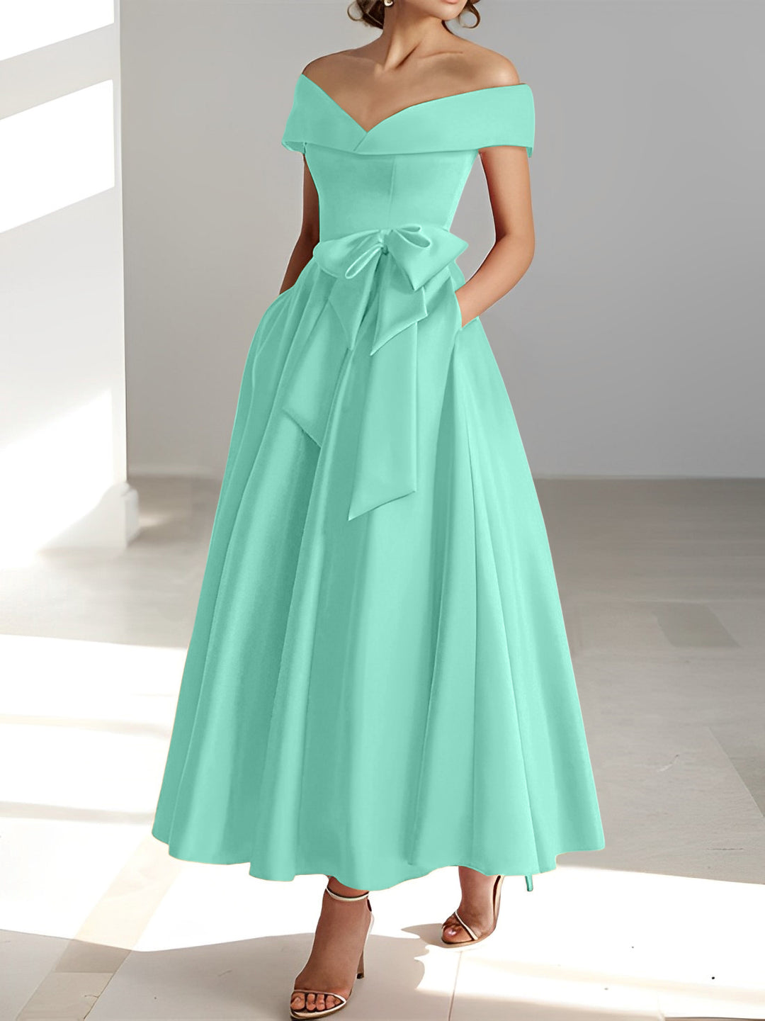 A-Line/Princess Off-the-Shoulder Sleeveless Ankle-Length Mother of the Bride Dresses with Pockets Sage A-Line/Princess Off-the-Shoulder Sleeveless Ankle-Length Mother of the Bride Dresses with Pockets Sage