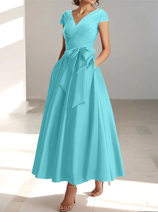 A-Line/Princess V-Neck Short Sleeves Ankle-Length Mother of the Bride Dresses With Pockets & Ruffles