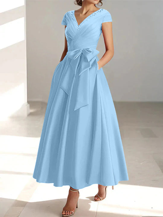 A-Line/Princess V-Neck Short Sleeves Ankle-Length Mother of the Bride - Mondressy A-Line/Princess V-Neck Short Sleeves Ankle-Length Mother of the Bride - Mondressy