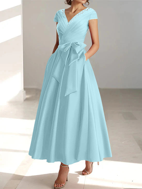 A-Line/Princess V-Neck Short Sleeves Ankle-Length Mother of the Bride - Mondressy A-Line/Princess V-Neck Short Sleeves Ankle-Length Mother of the Bride - Mondressy