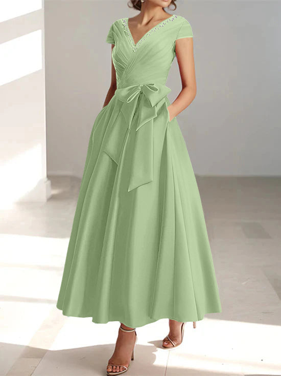 A-Line/Princess V-Neck Short Sleeves Ankle-Length Mother of the Bride - Mondressy A-Line/Princess V-Neck Short Sleeves Ankle-Length Mother of the Bride - Mondressy