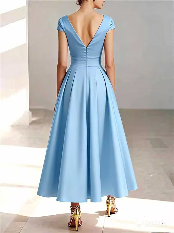 A-Line/Princess V-Neck Short Sleeves Ankle-Length Mother of the Bride Dresses With Pockets & Ruffles