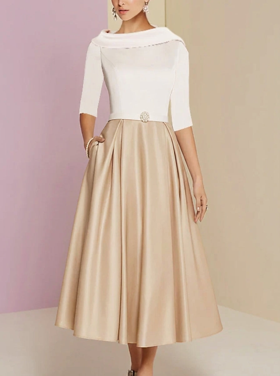 A-Line/Princess Jewel Neck Half Sleeve Tea Length Mother of the Bride Dresses with Pockets Pleats