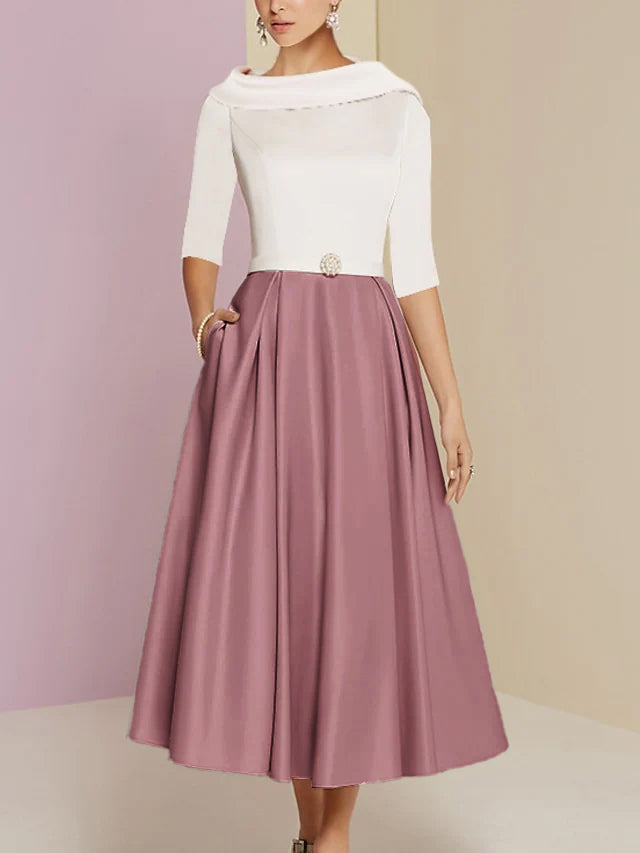 A-Line/Princess Jewel Neck Half Sleeve Tea Length Mother of the Bride Dresses with Pockets Pleats