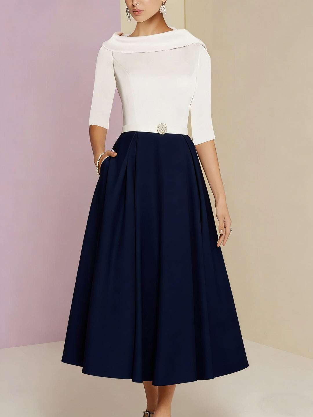 A-Line/Princess Jewel Neck Half Sleeve Tea Length Mother of the Bride Dresses with Pockets Pleats