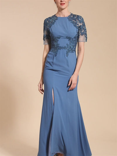 Sheath/Column One-Shoulder Tea-Length Unique Mother of the Bride Dresses with Watteau Train & Feather main image 1