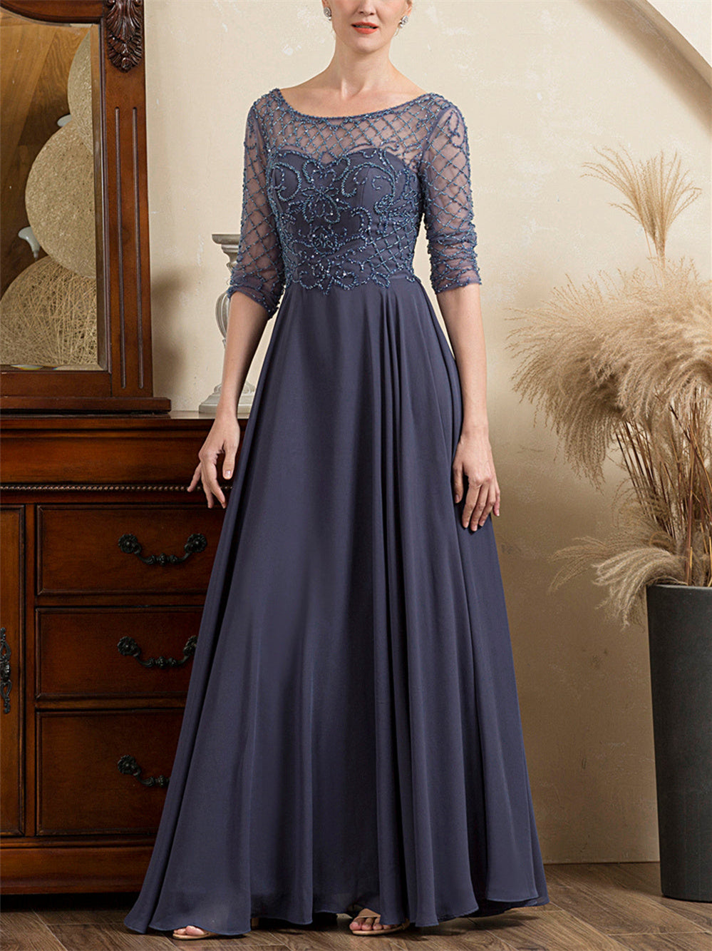 A-Line/Princess Scoop Short Sleeves Floor-Length Beaded Mother of the Bride Dresses