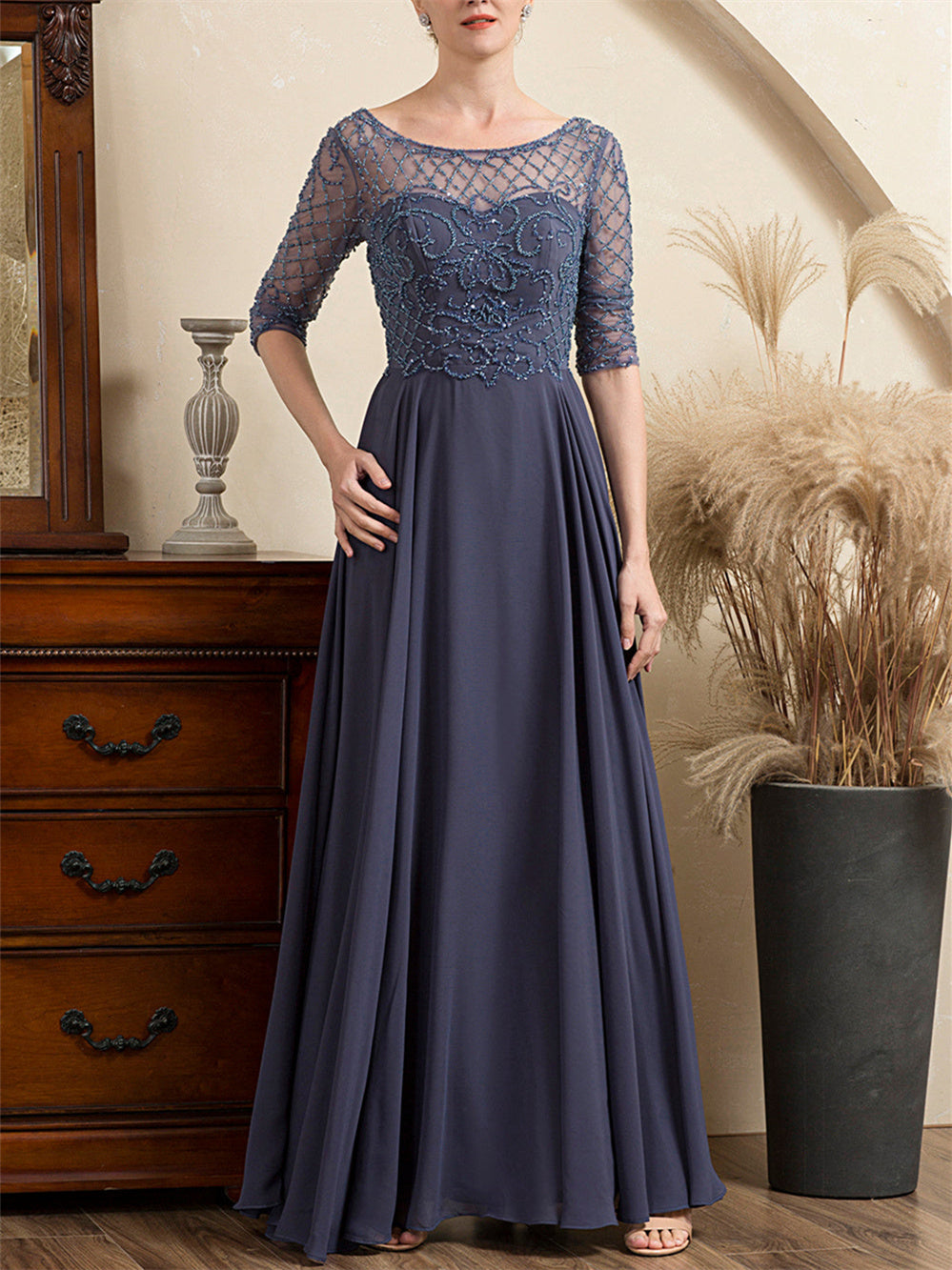 A-Line/Princess Scoop Short Sleeves Floor-Length Beaded Mother of the Bride Dresses