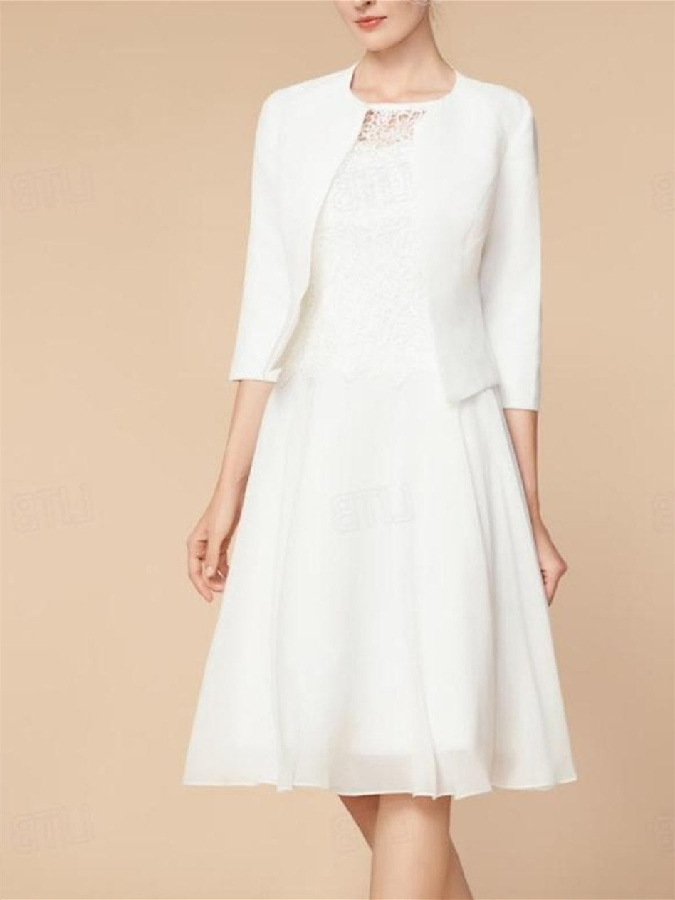 2 Pieces Mother of the Bride Dresses 2026 A-Line/Princess 3/4 Length Knee Length Formal Evening Gown with Wraps, White 2 Pieces Mother of the Bride Dresses 2026 A-Line/Princess 3/4 Length Knee Length Formal Evening Gown with Wraps, White