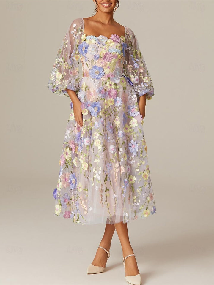 A-Line/Princess Long Sleeves Square Neck Tea-Length Mother of the Bride Dresses with Appliques