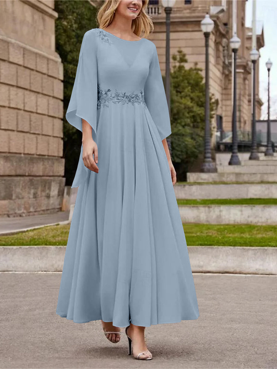 A-Line/Princess Jewel Neck 3/4 Length Sleeve Ankle-Length Mother of the Bride Dresses with Sequins Light Blue