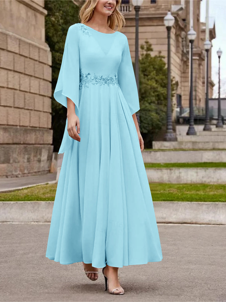 A-Line/Princess Jewel Neck 3/4 Length Sleeve Ankle-Length Mother of the Bride Dresses with Sequins Blue