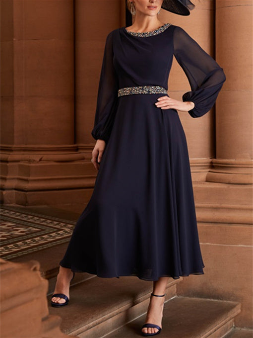 A-Line/Princess Scoop Neck Long Sleeves Tea-Length Mother of the Bride Dresses with Beading