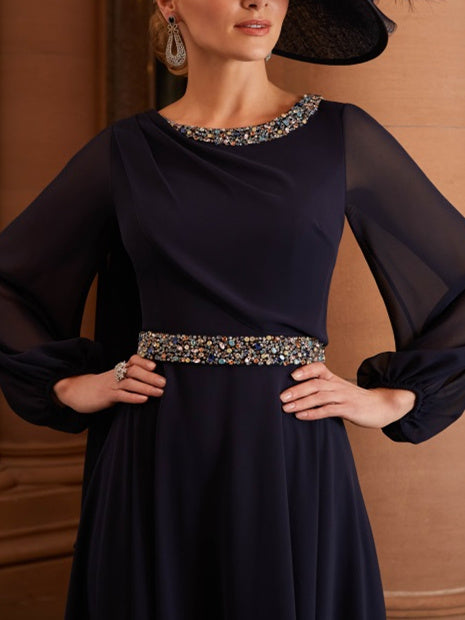 A-Line/Princess Scoop Neck Long Sleeves Tea-Length Mother of the Bride Dresses with Beading