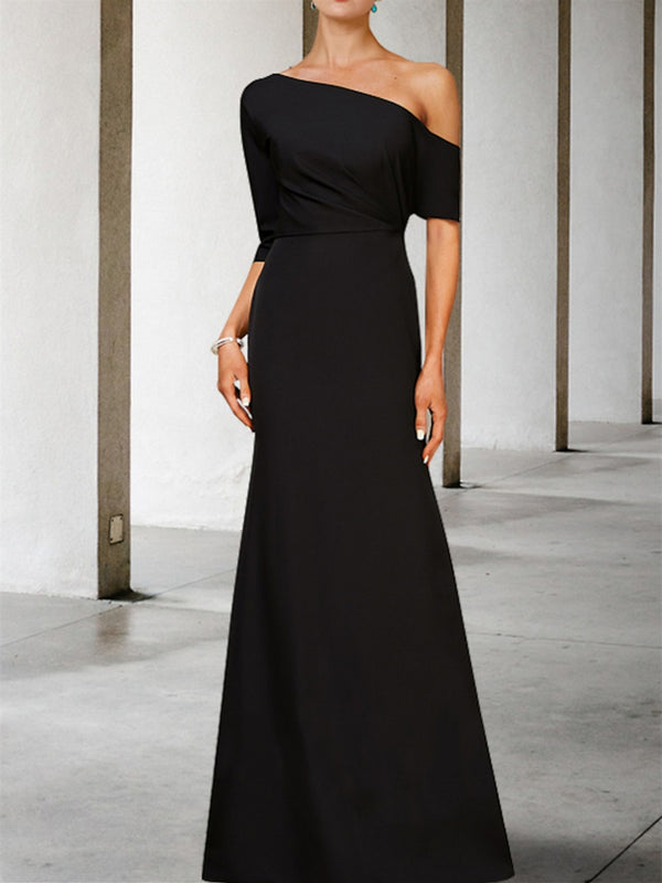 A-Line/Princess One-Shoulder 3/4 Length Sleeves Floor-Length Mother of the Bride Dresses in Black