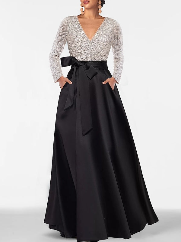 Mother of the Groom Dresses Black Women's Satin A-Line V-Neck Wedding Bridal's Mother Gowns with Sequins, Black